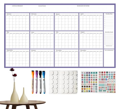 Grand calendrier mural 2026 – avec marqueurs, planificateur quotidien mensuel – grand calendrier mural effaçable | pour rendez-vous Agenda académique Vacances Planification du Nouvel An Bureau à