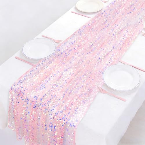 Meerjungfrau Geburtstag Deko, Tischläufer Rosa, Glitzer für Stoff 63x300 cm | Pailletten Netzstoff, Funkelnder Glitzereffekt, für Mädchen Geburtstagsdeko Jubiläum Weihnachten Valentinstag Party