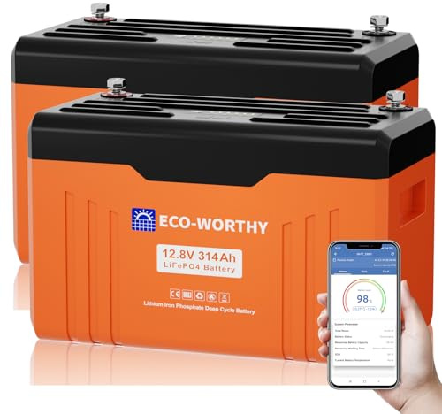 ECO-WORTHY 2 PACK 12V 314Ah LiFePO4 Bluetooth Batterie mit Display 200A BMS | EnergyTrek-Serie 8038Wh mit Low Temperature Schutz und Max.15000 Zyklens für Wohnmobil,Solarpanel