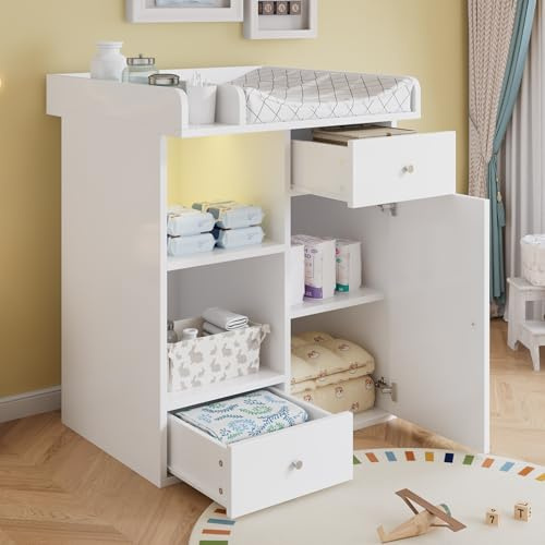Wickelkommode mit LED-Beleuchtung (Farbe & Helligkeit verstellbar) – Weiße Baby Kommode mit Wickelaufsatz, 2 Schubladen & viel Stauraum, sicherer Wickelplatz mit Trennwänden