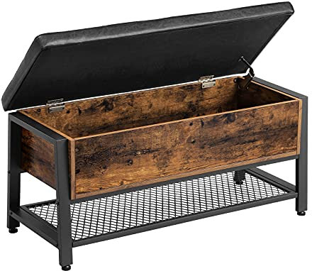 VASAGLE Banco para Zapatos, Taburete para Cama de Estilo Industrial, Zapatero con Asiento Acolchado y Estante, para Sala de Estar, Dormitorio, Marco de Acero, Marrón Rústico y Negro LSB47BX