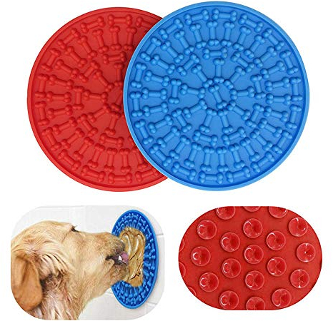 EXFEA Hund Lecken Pad, Schleckmatte Hund Katzen Bad Waschen Dusche für Anziehen Haustierbäder Pflege Trocknen, Doggy Puppy Grooming Trocknen Spielzeug Mit Super Starke Saugkraft 2 Stück (Blau, Rot)