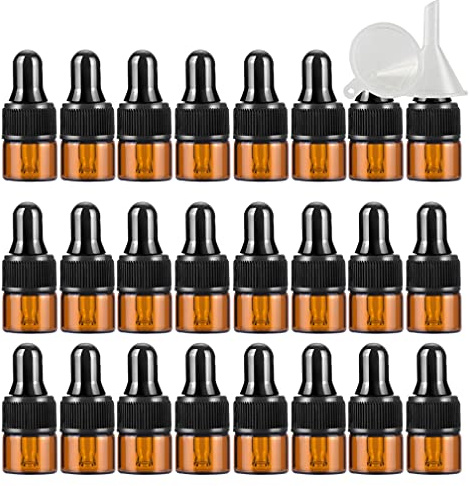 TIANZD 25 Pièces Petit 1 ml Bouteilles Compte-gouttes en Verre Vides, 1ml Flacons en Verre Marron avec Pipettes Pour Les Huiles Essentielles Aromathérapie