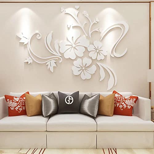 3D Adesivo da Parete Fiori Specchio DIY Adesivi Murali Acrilico Forma di Fiore Riflettente Adesivi Carta da Pareti Arte Decorativo per Camera da Letto Soggiorno Divano(Bianca XS: 40cm * 60cm)