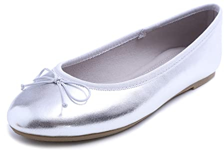 Feversole Women's Macaroon Colorful Memory Foam Cushion Ballet Flat Pumps Patent Silver UK Size 6
