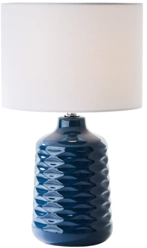 Lightbox Keramik Tischlampe mit weißem Stoff-Schirm - dekorative Tischleuchte mit Schnurzwischenschalter - 42 cm Höhe & 25 cm Durchmesser - E14 Fassung - aus Keramik/Metall/Textil in Blau