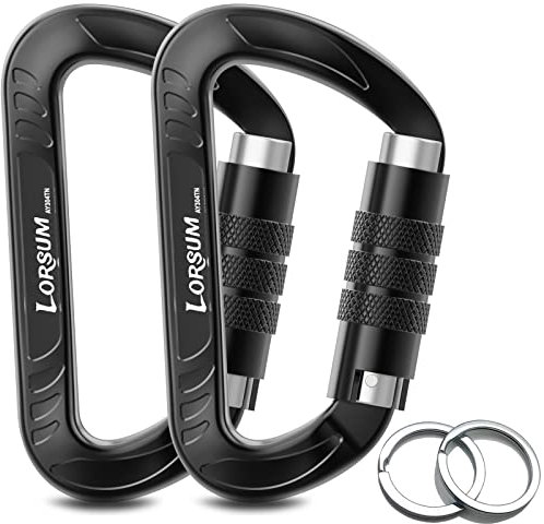Lorsum Auto Locking Carabiner Clips Heavy Duty, 12KN /1227kg Lightweight (1.0oz), Sturdy Twist Lock Caribeeners for Camping Hiking Hammock Swing Backpack, Dog Leash and Harness etc, 2 Pack Black