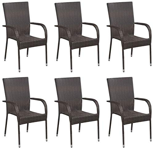 Homgoday Stapelbara trädgårdsstolar, balkongstolar, stapelstol, stapelstol, matstol, trädgårdsmöbler, terrassstol för trädgård, balkong, terrass, 6 st. Poly Rattan brun