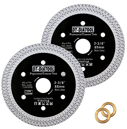 DT-DIATOOL Lama diamantata da 85 mm, confezione da 2 pezzi, in porcellana, ceramica, marmo, granito, lama per sega circolare con segmento X Mesh Arbor 10 mm-15 mm