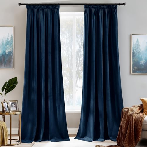 PONY DANCE Navy Blue Velvet Blackout Pencil Pleat Curtains - Thermal Insulated Luxury Drapes with Rod Pocket for Living Room & Bedroom, 52x84 Inches, 2 Panels