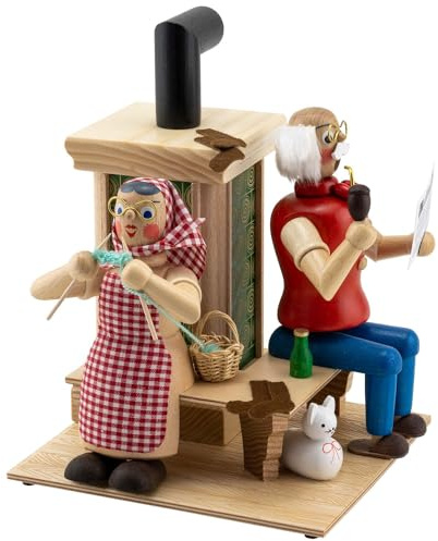 Seiffener Volkskunst Jan Legler | Räuchermännchen Räucherfigur | Holzkunst aus dem Erzgebirge | Handarbeit Made in Germany | 21 cm | Oma und Opa am Ofen grün