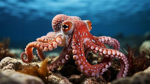 adrium Acryl-Bild 70 x 40 cm: Ein roter Oktopus mit Augen. Generative KI. (208966756)