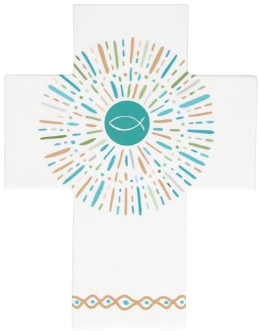 BUTZON & BERCKER Porzellankreuz - Jesus ist mitten unter uns. Kinderkreuz für die Wand aus Porzellan, mit türkisem Fisch und Strahlenkranz, ideal für Taufe oder Erstkommunion. Format 14 x 11 cm