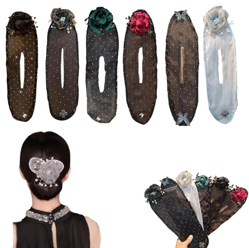 Deft Hand Embroidered Flower Bun Maker - Hair Clip and Roller for Long, Thick Hair, Lazy Curler Tool for Women and Girls (6PC)