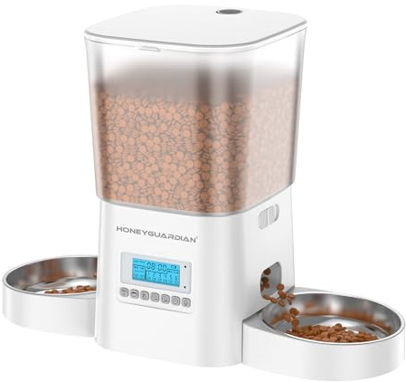 HoneyGuaridan 3.5L Automatic Cat Feeder for Two Cats, Cat food Dispenser With Stainless Steel Bowl, Timed Programmable 1-6 Meals Control, Dual Power Supply, 10s Meal Call