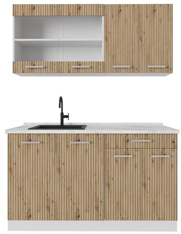 Vicco Singleküche R-Line, Küchenzeile Single, Artisan Eiche/Weiß, 140 cm, AP Marmor