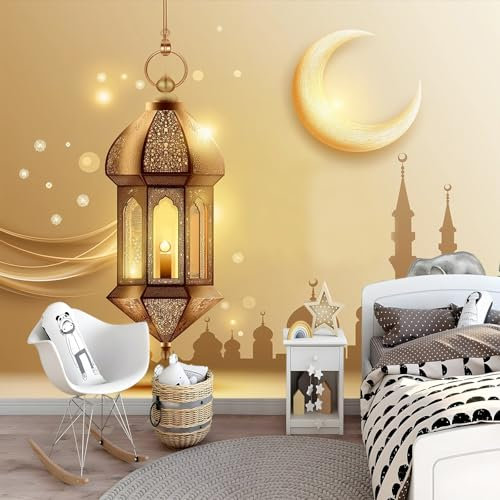 Art Fototapete Laterne Mondmoschee Tapete 200 x 140 cm Eid Al-Fitr Vlies Tapeten Moderne Wandtapete Wohnzimmer Schlafzimmer Study Wohnzimmer Restaurant Cafe Dekoration