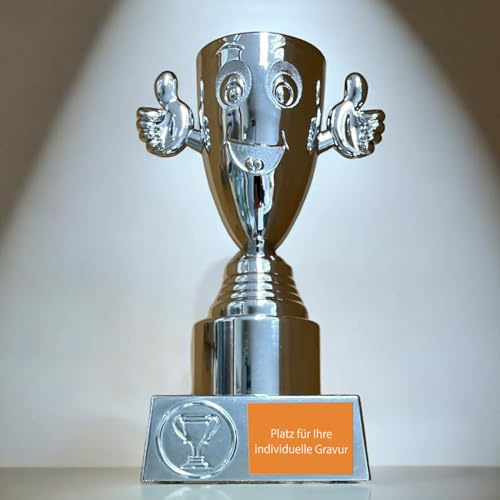 eberin · Big Smiley Pokal · Funnypokal · lustiger Spaß Cup · Wanderpokal · Kelchpokal in Smileyform · Gute Laune Pokal mit Wunschgravur · Stabiler Kunststoffpokal Silber · Größe 16,5