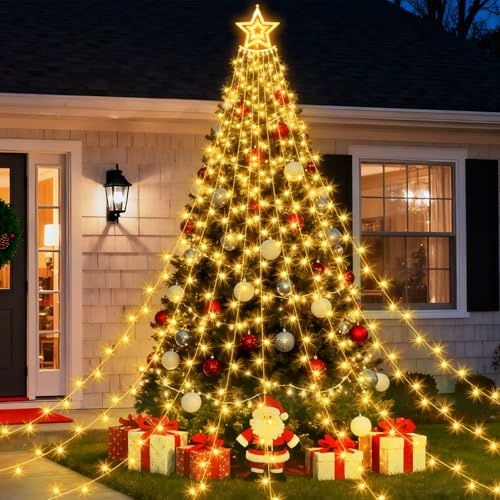 Koytoy Weihnachtsbeleuchtung Außen 350 LED 3,5M x 9 Christbaumbeleuchtung mit Sterne, Weihnachtsbaum Lichterkette für Rasen Garten (Warmes Weiß)
