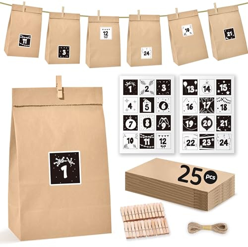 Adventskalender zum Befüllen 2025-24 Adventskalender Säckchen groß mit Zahlenaufkleber und Klammern - zum Basteln und Verschenken Geschenk für Kinder Frauen und Männer