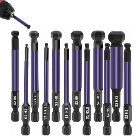 12 Pcs Allen Key Drill Bit Set,Screwdriver Bit Sets,Ball End Allen Hex Key Set S2 Steel,1/4” Hex Shank Magnetic Allen Wrench Screwdriver Bits,65mm Phosphating Treatment Purple H2-H12