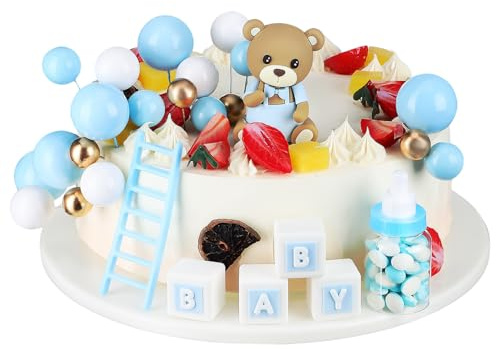 Alipis TeddySSS Bear Cake Toppers: Blue Gold White Ball Cake Decorations - 24 PCS Baby Showe Christening Cupcake Topper for Boy and Girl Baby Baptism Birthday Party Wedding Supplies