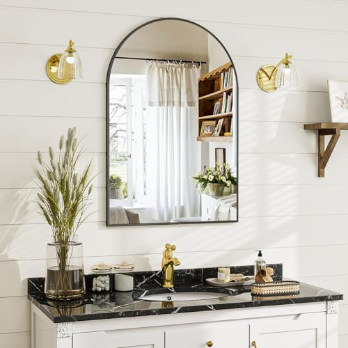 BEAUTYPEAK Bogen Wandspiegel mit Schwarz, 76x51 cm Bruchsichere Aluminiumlegierung Rahmen Badspiegel, Kann an die Wand Gelehnt oder Aufgehängt Werden, Standspiegel für Schlafzimmer, Bad und Toiletten
