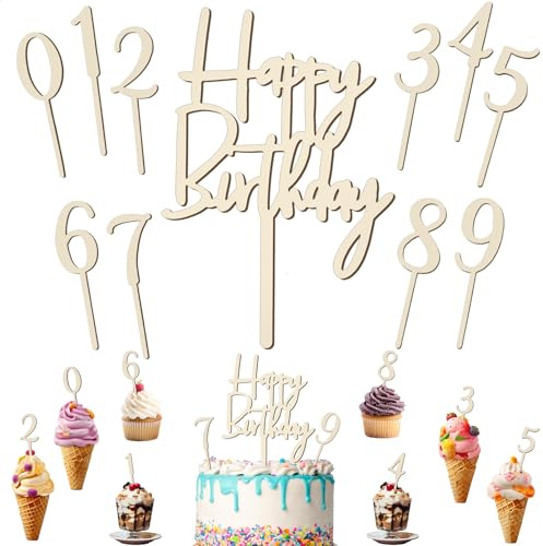 11 Stück Cake Topper Zahlen Holz 0-9, Happy Birthday Tortendeko | Geburtstagskranz Holz mit Kuchendekor, Cupcake Topper Geburtstag für Mädchen Junge Frauen Mann Geburtstagsfeiern Hochzeit