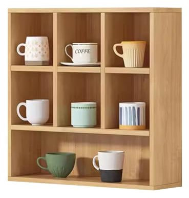 Kaffeebecher-Präsentationsregal aus Holz mit Schnapsgläsern, Vitrine, kleines Sammlerstückregal für Wand oder freistehend, natürliches Holz-Finish, 45 x 17 x 45 cm