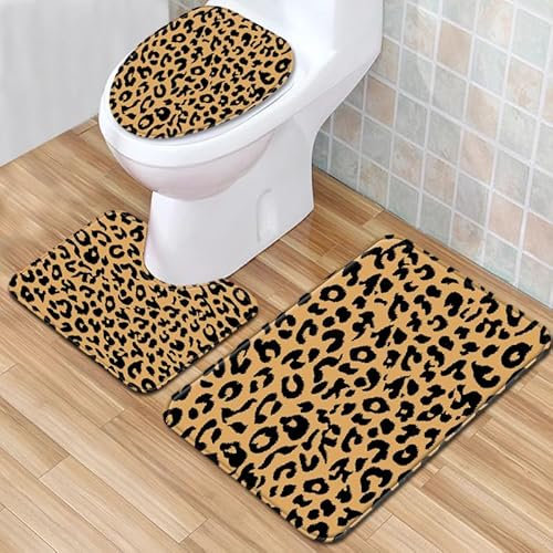 Badrumsmatta gul leopardtryck WC mattor med utsnitt WC lockskydd 3 delar WC matta halkfri badrumsset U-formad badmatta tvättbar badrumsmatta set 50 x 80 cm