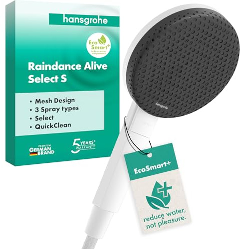 hansgrohe Raindance Alive Select S - wassersparender Duschkopf 5,7 l/min (EcoSmart+), Handbrause mit 3 Strahlarten (inkl. PowderRain), Duschbrause, Sparduschkopf, Antikalk-Funktion, Mattweiß, 24512700