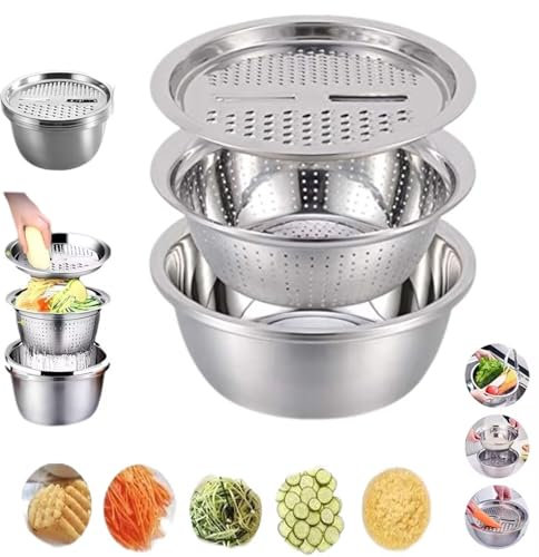 Rallador de verduras 3 en 1, multifuncional, de acero inoxidable, con escurridor, ideal for cocinar, preparar y almacenar alimentos.(28cm)