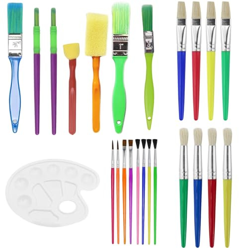 24 Stück Pinselset mit Mischpalette, Pinselset Schule,Pinsel Wasserfarben für Vorschulk und Anfänger, Ideal für Malaktivitäten und Schulprojekte