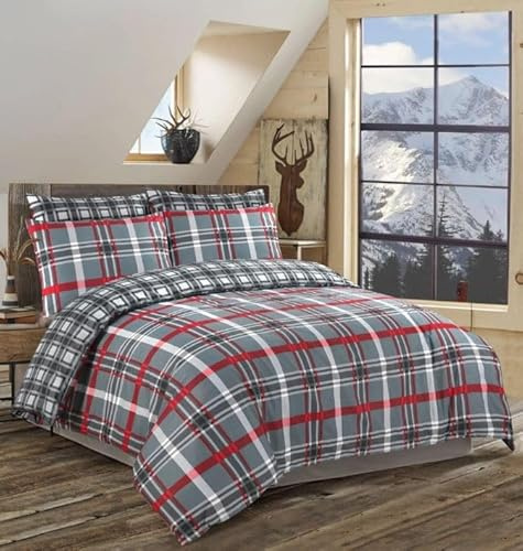 SeventhStitch Double Duvet Cover Set - Super Soft Brushed Microfibre Hotel Quality Gift Bedding, Lightweight, Grey Quilt Covers Double King Superking Size Reversible Bed Sets (Red Check, Double)