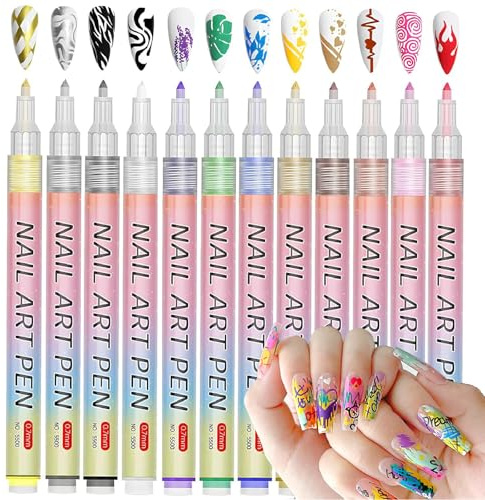 Nail Art Pen Set, 12 Assorted Colours, 0.7 mm Pointed Tips, 12-Pack | For Home Manicures, Draws Narrow Lines, Swirls And Small Details Over Prepared Nails, From Gold And Silver To Pink And Red