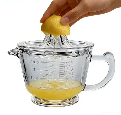 QUHUOYAO Spremiagrumi in vetro da 453,6 g con misurino, spremiagrumi a mano per limone/arancia, manico antiscivolo, alesatore per limoni e arance con grattugia