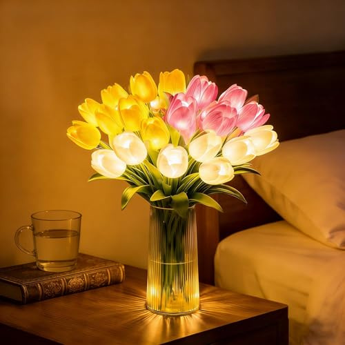 Radiant Romantic Tulip Light with Vase, 15 PCS Twinkling LED Tulips Never Fade, Flower Shaped Ambient Night Lamp for Bedroom Bedside Decor & Perfects Gift (Mix)