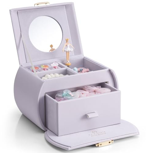 VLANDO Schmuckkästchen Mädchen,Groß Schmuckkasten Kinder mit Ballerina | Spielzeug Geschenk Mädchen mit DIY Aufkleber, Schmuckaufbewahrung mädchen mit Schubladen Spieluhr,Helllila