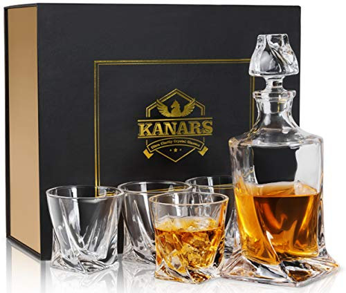 KANARS Caraffa e bicchieri da Whisky in cristallo per Whisky, Scotch, Cognac, Martini, 800 ml, bottiglia con 4 x 300 ml, bicchiere da Whiskey, 5 pezzi, bella scatola Cadea