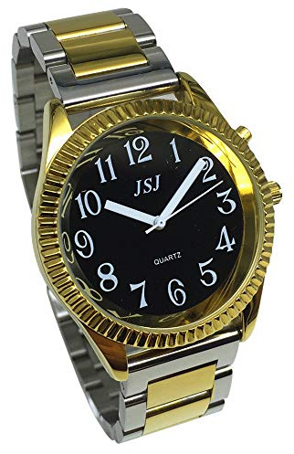 VISIONU Sprechende Armbanduhr, analog, mit Alarm, Anzeige der Uhrzeit und Datum, auf Französisch, für Blinde und Sehbehinderte, goldfarben, zweifarbiges Edelstahl-Armband TUF-G305, Armband