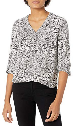 Amazon Essentials Women's 3/4 Sleeve Button Pop-over Shirt, Loose-Fit V-Neck Blouse, Mini Leopard, L
