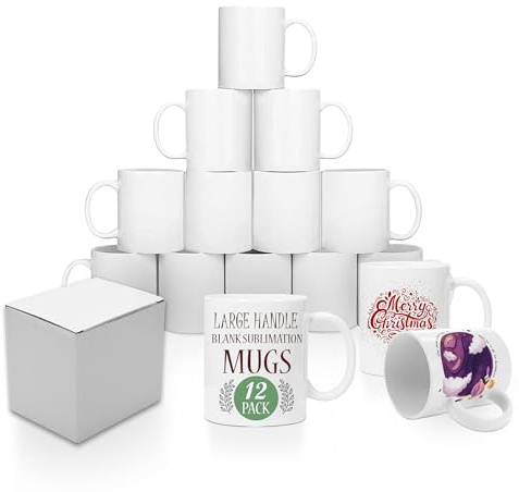 KAPCO 12 Sublimation Mugs 11oz Blank – White Ceramic Coffee Cup with Large Handle | Custom Mug for Heat Press Printing | Microwave & Dishwasher Safe | Sublimation Blanks for DIY Gift | AAA Grade
