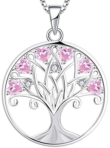 YL Collana Albero della Vita per Donna Argento 925 con Ottobre Pietra portafortuna Zirconia cubica rosa Ciondolo,45+3 CM