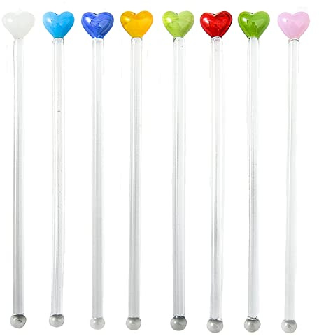 8 Piece Glass Swizzle Sticks with Love Heart Head Reusable Coffee Stirring Stick Hot Chocolate Milk Espresso Stirrers Spoons for Party Cafe Bar Home Glasses Mug Decoration, Multicolor, 17.5cm/6.9inch