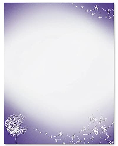 PaperDirect Wild Endive Dandelion Border Papers, Purple White Gradient Background with Dandelion and Flying Seeds Design, 8.5 x 11, Acid-Free, Ideal for Invitations, Letters, Cards, 25 Sheets