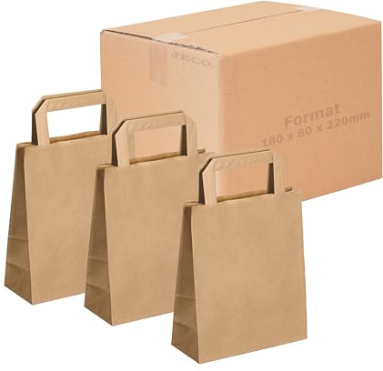 Jeco - Lot de 100 sacs cabas en papier kraft brun avec poignée plate 18 x 8 x 22 cm 3 Litres résistant papier 80g/m² sac marron havane vente à emporter emballage commerce sac cadeau