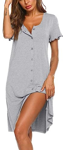 Ekouaer Umstandsnachthemd Damen Sommer Schlafshirt Kurzarm Stillnachthemd Nachtwäsche Knopfleiste Hellgrau XL