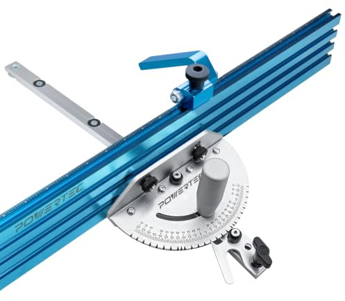 POWERTEC 71391V Système de jauge à onglet de précision pour scie à table avec 27 butées d'angle et barre à onglet fendue en T de 1,9 x 0,95 cm avec plaque amovible en T, comprend une clôture