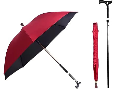 AVIITI 2 in 1 Gehstock Regenschirm, Multifunktional Rutschfester Langer Griff Krücke Regenschirm, Großes Geschenk Für Männer Frauen,Red b,86~94cm/33~37inch
