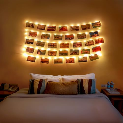 JIZZU 10M 100 LED Lichterkette für Foto, Fotos Wand mit 60 Klammern， Fotos Lichterkette Batterie für Zimmer Deko, Schlafzimmer, Hochzeit, Geburtstag, Warmweiß